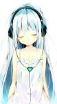  1girl arms_behind_back bangs bare_arms bare_shoulders closed_eyes collarbone cowboy_shot dress facing_viewer headphones heart highres long_hair niito original silver_hair simple_background sleeveless sleeveless_dress smile solo very_long_hair white_background white_dress 