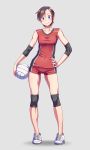  1girl blue_eyes blush brown_hair earrings elbow_pads female hair_ornament hairclip hand_on_hip jewelry knee_pads looking_at_viewer original shoes short_hair shorts simple_background sleeveless smile sneakers solo sportswear volleyball volleyball_uniform wokada 