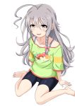  ahoge barefoot bike_shorts bow braid grey_eyes hair_bow hoshi_shouko idolmaster idolmaster_cinderella_girls long_hair shorts silver_hair sitting smile t-shirt very_long_hair 