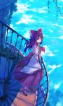  1girl ankle_socks ascot bird blue_sky bow brown_hair clouds dead_line detached_sleeves hair_bow hakurei_reimu highres long_hair looking_at_viewer mary_janes parted_lips shoes skirt skirt_set sky solo spiral_staircase touhou violet_eyes 