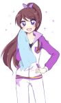  1girl :d aikatsu! blush bow brown_hair hair_bow hand_on_hip long_hair nae_(rno) open_mouth ponytail shibuki_ran smile solo sparkle sweat towel track_suit wiping_face 