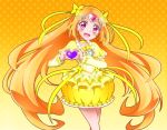  1girl :d blush brooch bubble_skirt choker cure_muse_(yellow) earrings gradient gradient_background heart heart_earrings heart_hands jewelry long_hair looking_at_viewer magical_girl open_mouth orange_hair pink_eyes polka_dot polka_dot_background precure shirabe_ako skirt smile solo suite_precure takayama_zeruda very_long_hair 