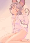  1girl animal_ears bare_legs barefoot blush breasts cleavage dress_shirt gradient gradient_background grey_hair highres ishikkoro long_sleeves looking_at_viewer mouse_ears mouse_tail nazrin red_eyes shirt short_hair sitting solo tail touhou 