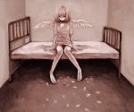  1girl angel_wings bed clona closed_eyes commentary_request feathered_wings knees_together_feet_apart original petals room sepia sitting sitting_on_bed solo white_wings wings 