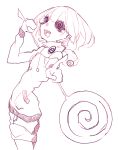  1girl candy character_request copyright_request eyepatch holding hoodie index_finger_raised leaning_back lollipop looking_at_viewer monochrome open_mouth oversized_object pale_color pink riuichi shorts sketch solo spiral standing swirl_lollipop tongue tongue_out upper_body white 