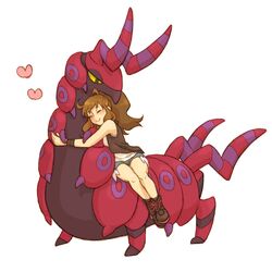  1girl closed_eyes heart hug kurimomo_(kaiko825) pokemon pokemon_(creature) pokemon_(game) pokemon_bw scolipede smile touko_(pokemon) 