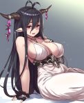  1girl antenna_hair arm_support bandages black_gloves black_hair blush breasts cleavage danua dress fingerless_gloves gloves granblue_fantasy hair_between_eyes hand_on_own_chest horn_ornament horns houtengeki jewelry large_breasts long_hair looking_at_viewer necklace pointy_ears red_eyes solo 