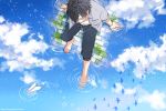  1boy barefoot bird black_hair closed_eyes clouds collarbone feet_in_water from_above hishi_(k-xaby) male_focus original paper paper_airplane sitting soaking_feet surreal wading water 