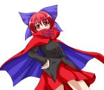  1girl bow cape covered_mouth hair_bow hand_on_hip highres red_eyes redhead sekibanki shirt short_hair simple_background skirt ten&#039;yoku touhou white_background 