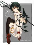  1girl alternate_color asymmetrical_wings black_hair black_legwear dress hichiko houjuu_nue polearm red_eyes short_hair solo tongue tongue_out touhou trident weapon wings 