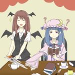  2girls :d ? ^_^ bangs bat_wings blunt_bangs blush book bookmark bow buttons capelet chair closed_eyes collared_shirt commentary_request confused crescent cup doughnut dress food frown hair_ribbon hat hat_bow hat_ribbon head_wings holding holding_book koakuma long_hair low-tied_long_hair mob_cap mrp multiple_girls open_book open_mouth patchouli_knowledge payot plate pudding purple_dress purple_hair reaching reading redhead ribbon saucer shirt short_sleeves simple_background sitting skirt skirt_set smile standing striped striped_dress table teacup teapot theft touhou tress_ribbon vertical_stripes vest violet_eyes white_shirt wings yellow_background 