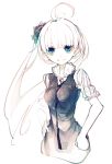  ahoge bangs blue_eyes breasts brown character_request copyright_request gradient hair_ornament hands_on_hips highres lace-trimmed_collar lace-trimmed_sleeves looking_at_viewer pale_color riuichi short_hair_with_long_locks short_sleeves sketch smile upper_body white white_hair 