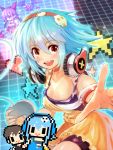  1girl :d blue_hair blush breasts brown_eyes cleavage collarbone controller edobox game_controller hairband headphones headphones_around_neck looking_at_viewer open_mouth original pixel_art reaching_out short_hair smile wristband 