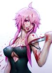  1girl bare_shoulders black_dress blood blood_on_face bloody_knife breasts covered_navel dress gasai_yuno gradient gradient_background knife long_hair looking_at_viewer mirai_nikki paul_kwon pink_eyes pink_hair solo strap_slip tongue tongue_out underboob_cutout upper_body 