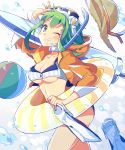  1girl ball beachball bikini breasts cleavage goggles goggles_on_head green_eyes green_hair grin gumi hat hat_removed headwear_removed highres jacket jacket_over_swimsuit looking_at_viewer nou one_eye_closed short_hair smile solo swimsuit under_boob vocaloid 