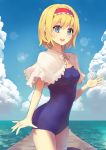  1girl :d alice_margatroid blonde_hair blue_eyes blue_sky blush bow bowtie breasts capelet cleavage_cutout clouds cloudy_sky culter ears eyelashes hairband highres lolita_hairband looking_at_viewer ocean one-piece_swimsuit open_mouth pier school_swimsuit shadow short_hair sky smile solo swimsuit touhou water 