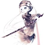  1girl character_request copyright_request green_eyes hat highres katana lace looking_to_the_side open_mouth pale_color pale_skin riuichi short_hair_with_long_locks sketch snowman solo stance sword upper_body weapon white white_hair 