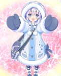  1girl :d bag blue_eyes blue_hair blush boots character_request coat daibouken!_yukeyuke_osawari_island fish_print fur_boots fur_coat fur_trim hood incoming_hug looking_at_viewer mittens official_art open_mouth pom_pom_(clothes) purple_hair scrunchie shoulder_bag smile solo standing striped striped_legwear 