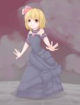  1girl absurdres alternate_costume arched_back arm_garter black_dress blonde_hair choker clouds dress empty_eyes hair_ribbon heart highres looking_at_viewer outstretched_arms pavement red_eyes red_sky ribbon rumia short_hair shou_(ahiru_shinobu) sky smile solo spread_arms strapless_dress touhou 