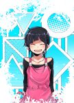 1girl :d ^_^ abstract_background asahina_hiyori blue_background closed_eyes halftone highres kagerou_project maam._(summemixi) open_mouth payot polka_dot purple_hair smile solo striped two-tone_background upper_body white_background 