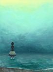  1girl aqua black_hair clona commentary_request cross from_behind looking_afar original skirt solo standing surreal tagme wading water 