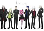  1girl 6+boys enkidu_(fate/strange_fake) fate/apocrypha fate/extra fate/extra_ccc fate/stay_night fate/strange_fake fate/zero fate_(series) formal lancer lancer_(fate/extra) lancer_(fate/extra_ccc) lancer_(fate/zero) lancer_of_black lancer_of_red multiple_boys shimaneko suit 