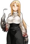  1girl black_skirt blonde_hair blood bloody_clothes breasts character_request copyright_request frown holding ladle large_breasts long_hair long_skirt pincers sachito simple_background skirt solo turtleneck white_background yellow_eyes 