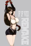  1girl belt black_hair breasts brown_eyes final_fantasy final_fantasy_vii gloves highres inuyou large_breasts long_hair one_eye_closed outstretched_arms skirt solo stretch suspenders tifa_lockhart 