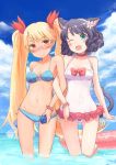  2girls ;d animal_ears bikini black_hair blonde_hair blue_eyes blush bottle bow breasts cat_ears cat_tail cellphone cleavage collar covered_navel curly_hair cyan_(show_by_rock!!) dark_skin dog_tail fang flower glasses hair_flower hair_ornament hair_ribbon innertube kokotetsu long_hair looking_at_viewer multiple_girls navel one-piece_swimsuit one_eye_closed open_mouth phone retoree revision ribbon short_hair show_by_rock!! smile swimsuit tail twintails very_long_hair wading water_bottle yellow_eyes 