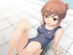  1girl brown_eyes brown_hair folded_ponytail original poolside school_swimsuit short_hair sitting soshina_nohito swimsuit 