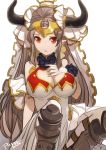  1girl aleeza_(granblue_fantasy) bare_shoulders breasts cleavage dress earrings granblue_fantasy greaves hand_on_own_chest horns jewelry light_brown_hair long_hair pointy_ears pupps red_eyes signature simple_background sitting solo white_background 