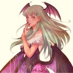  1girl bare_shoulders bat_wings bayneezone black_nails breasts character_name green_hair hand_to_own_mouth hime_cut long_hair looking_at_viewer morrigan_aensland nail_polish parted_lips simple_background solo vampire_(game) white_background wings 