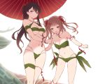  2girls arm_ribbon bikini black_hair breasts brown_eyes brown_hair cait green_bikini hair_ribbon highres large_breasts leaf leaf_bikini leg_ribbon long_hair multiple_girls navel open_mouth oriental_umbrella original personification ponytail ribbon smile swimsuit thigh_strap twintails umbrella under_boob very_long_hair violet_eyes wrist_ribbon 