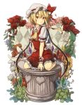  1girl ascot blonde_hair butterfly chrysanthemum dress flandre_scarlet flower gensou_aporo hat hat_ribbon heart lily_(flower) lily_of_the_valley looking_away mob_cap pillar puffy_short_sleeves puffy_sleeves red_dress red_eyes red_rose ribbon rose shirt short_sleeves side_ponytail sitting solo sunflower touhou wariza wings wrist_cuffs 