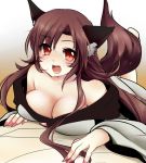  1girl animal_ears bare_shoulders blush breast_press breasts brown_hair cleavage dress gradient gradient_background imaizumi_kagerou long_hair long_sleeves looking_at_viewer lying nail_polish off_shoulder on_stomach open_mouth red_eyes rimu_(kingyo_origin) smile solo tail touhou wide_sleeves wolf_ears wolf_tail 