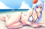  1girl arm_support barefoot beach bikini blue_hair breasts cake cleavage finalcake flower food hair_flower hair_ornament large_breasts lips long_hair lying ocean on_side original red_eyes smile solo swimsuit thighs water wet 