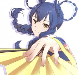  blue_hair blush braids brown_eyes fan hair_rings long_hair love_live!_school_idol_project sonoda_umi yukata 