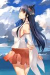  1girl arms_behind_back bare_shoulders black_hair blue_sky breasts clouds cloudy_sky cowboy_shot detached_sleeves fusou_(kantai_collection) hair_ornament highres hunter.g kantai_collection long_hair looking_to_the_side miniskirt nontraditional_miko ocean outdoors parted_lips pleated_skirt red_eyes skirt sky smile solo 