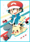  1boy :d chibi frame kyou_(nekoneko) open_mouth pikachu poke_ball pokemon pokemon_(creature) satoshi_(pokemon) smile 