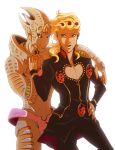  arm_around_neck backlighting blonde_hair blue_eyes dated giorno_giovanna gold_experience_requiem hand_on_hip highres jojo_no_kimyou_na_bouken lahteh signature stand_(jojo) 