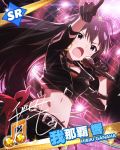  1girl black_hair character_name earrings ganaha_hibiki gloves idolmaster idolmaster_million_live! jewelry long_hair microphone musical_note navel official_art pointing ponytail signature singing 