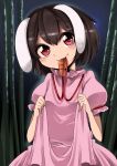  1girl animal_ears bamboo bamboo_forest brown_hair carrot dress food_in_mouth forest harusame_(unmei_no_ikasumi) inaba_tewi jewelry mouth_hold nature pendant rabbit_ears red_eyes short_hair smile solo touhou 