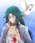  1boy aqua_eyes aqua_hair bandages bangs blood collarbone cross cross_earrings cross_necklace dual_persona earrings hatoful_kareshi higure_anghel jewelry looking_at_viewer one_eye_covered payot solo tea-and-dreams 