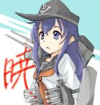  1girl 4suke :&lt; akatsuki_(kantai_collection) character_name hat kantai_collection long_hair long_sleeves machinery purple_hair sailor_hat school_uniform serafuku solo turret upper_body violet_eyes 