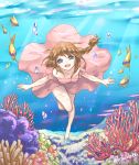  1girl baba_konomi barefoot blue_eyes brown_hair bubble coral diving dress fish freediving happy highres holding_breath idolmaster ocean smile swimming underwater 