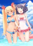  2girls ;d animal_ears bad_id bikini black_hair blonde_hair blue_eyes blush bottle bow breasts cat_ears cat_tail cellphone cleavage collar covered_navel curly_hair cyan_(show_by_rock!!) dark_skin dog_tail fang flower glasses hair_flower hair_ornament hair_ribbon innertube kokotetsu long_hair looking_at_viewer multiple_girls navel one-piece_swimsuit one_eye_closed open_mouth phone retoree ribbon short_hair show_by_rock!! smile swimsuit tail twintails very_long_hair water_bottle yellow_eyes 