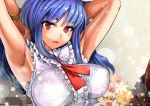  1girl armpits arms_up blue_hair breasts hand_in_hair hat hat_removed headwear_removed large_breasts long_hair looking_at_viewer nagae_iku open_mouth red_eyes shirt sleeveless sleeveless_shirt solo touhou umigarasu_(kitsune1963) upper_body 