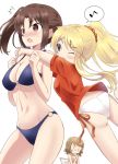  05_(passelclow) 3girls bikini black_eyes blonde_hair brown_eyes brown_hair hug karasuma_sakura kin-iro_mosaic kujou_karen kuzehashi_akari long_hair multiple_girls o-ring_bottom o-ring_top ponytail side_ponytail swimsuit 