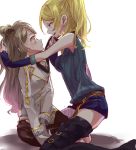  2girls aiguillette ayase_eli bare_back blonde_hair blue_eyes boots brown_hair chiigo fingerless_gloves gloves licking_lips love_live!_school_idol_project minami_kotori multiple_girls no_hat phantom_thief_erichika ribbed_sweater sweater thigh-highs thigh_boots tongue tongue_out yellow_eyes 