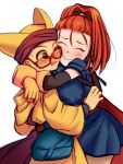  1boy 1girl barbara blush brown_eyes cape chamoro closed_eyes dragon_quest dragon_quest_vi dress elbow_gloves embarrassed glasses gloves haruhito_(pixiv56745) hat high_ponytail hug redhead short_dress sweatdrop 